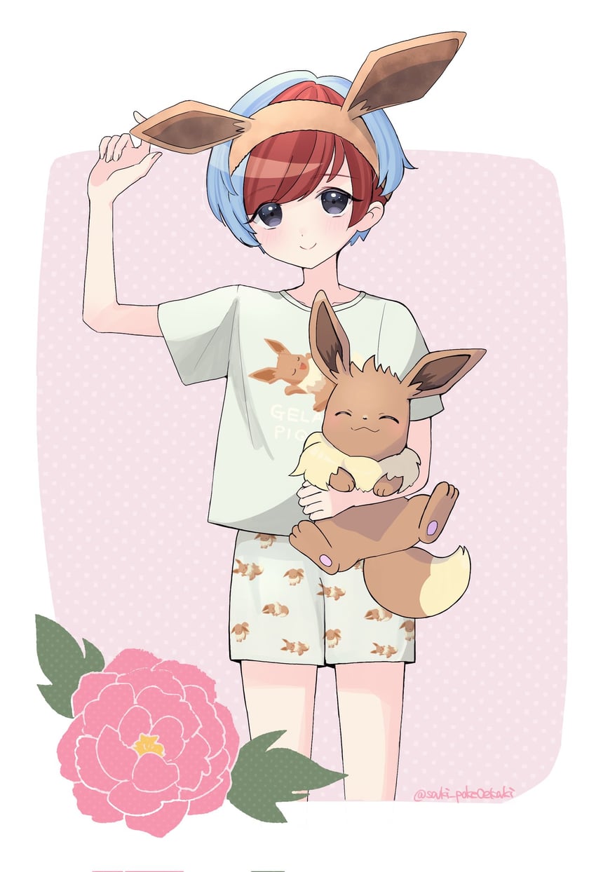 eevee and penny (pokemon and 1 more) drawn by saki_pokeoekaki