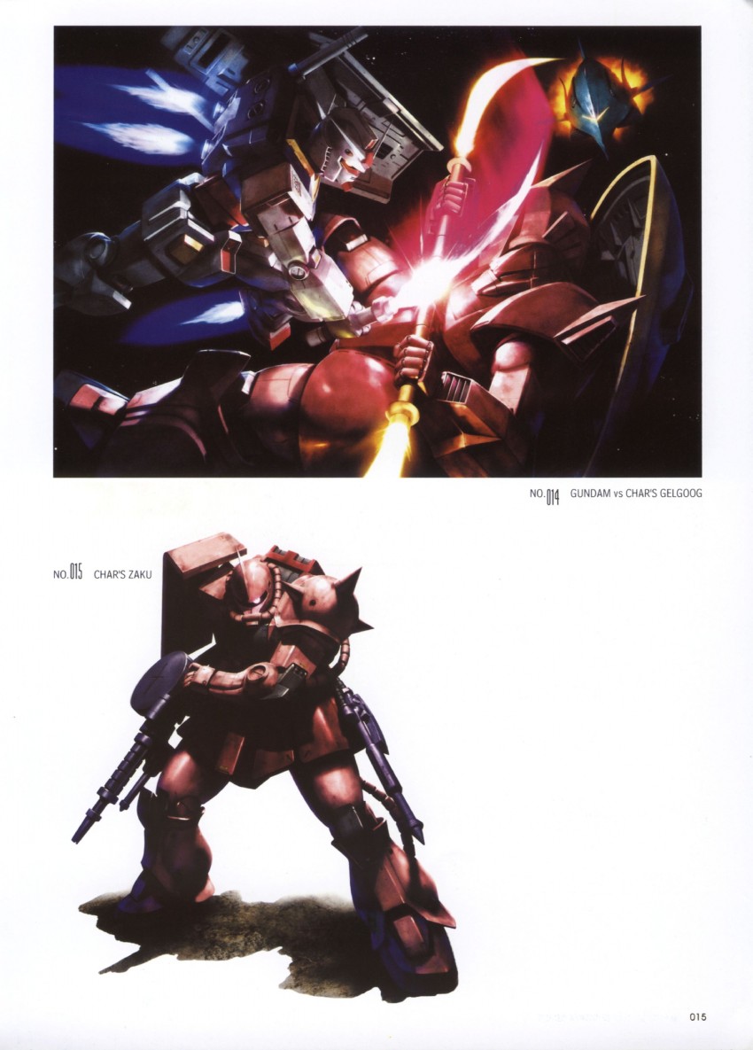 rx-78-2 gundam, zaku ii, zaku ii s char custom, gelgoog, gelgoog s char custom, and 1 more (gundam and 1 more) drawn by morishita_naochika
