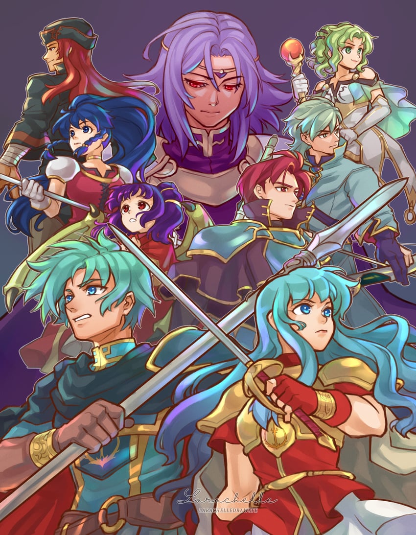 eirika, ephraim, myrrh, tana, l'arachel, and 4 more (fire emblem and 1 more) drawn by larachelle