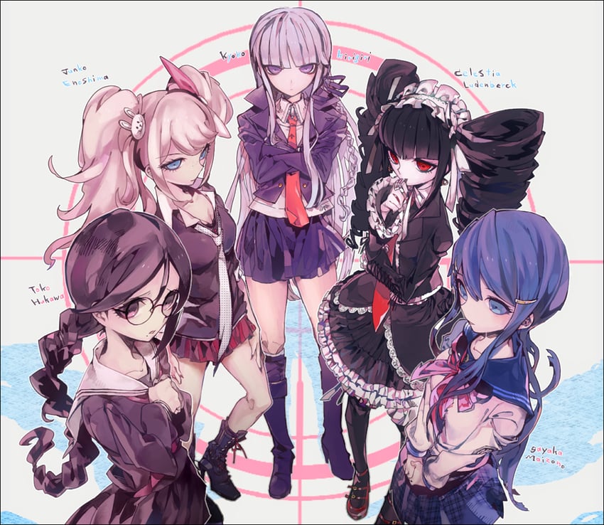 kirigiri kyoko, enoshima junko, celestia ludenberg, maizono sayaka, fukawa toko, and 1 more (danganronpa and 1 more) drawn by kitaya