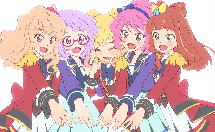 nijino yume, sakuraba rola, saotome ako, kasumi mahiru, and nanakura koharu (aikatsu! and 1 more) drawn by akitsu_tatsuya