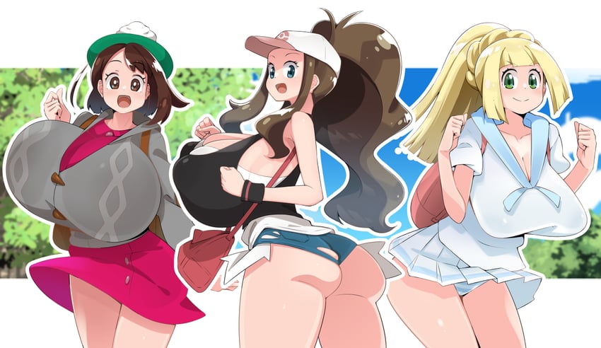 lillie, hilda, and gloria (pokemon and 3 more) drawn by toudori