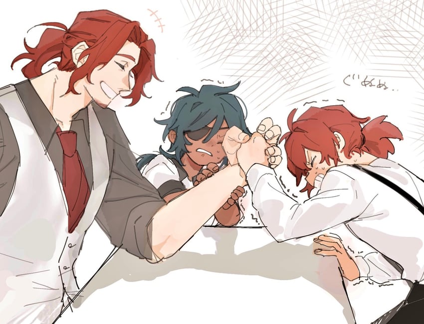 diluc, kaeya, and crepus (genshin impact) drawn by takotakoone
