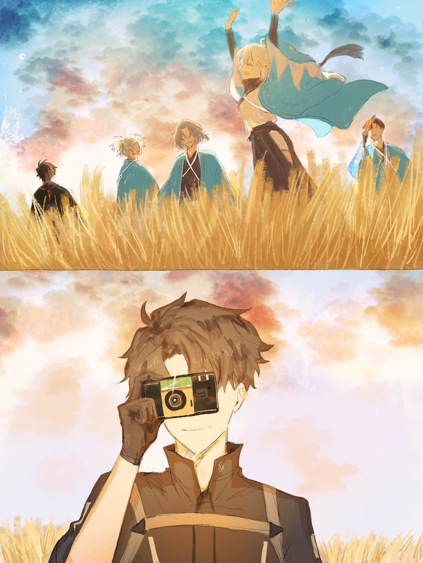 fujimaru ritsuka, okita souji, saitou hajime, sakamoto ryouma, yamanami keisuke, and 1 more (fate and 1 more) drawn by tt_hmx
