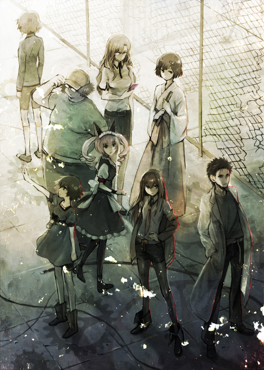 makise kurisu, okabe rintarou, shiina mayuri, amane suzuha, urushibara luka, and 3 more (steins;gate) drawn by miya_(hooooo)