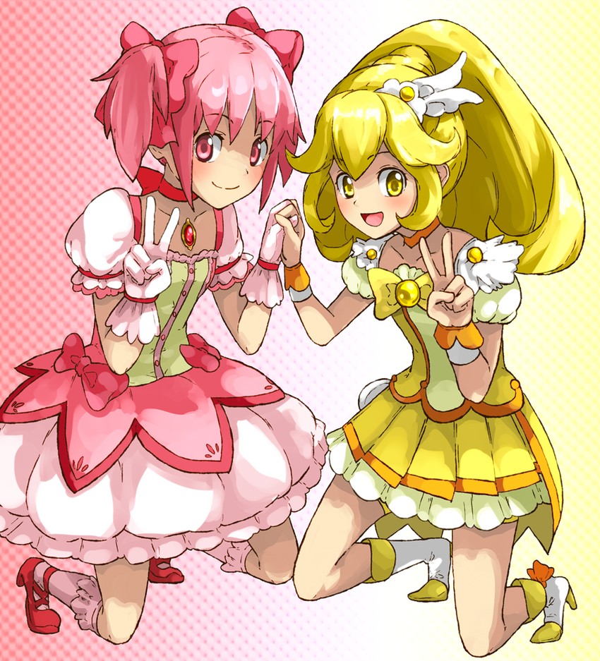 kaname madoka, kise yayoi, and cure peace (mahou shoujo madoka magica and 2 more) drawn by hogi