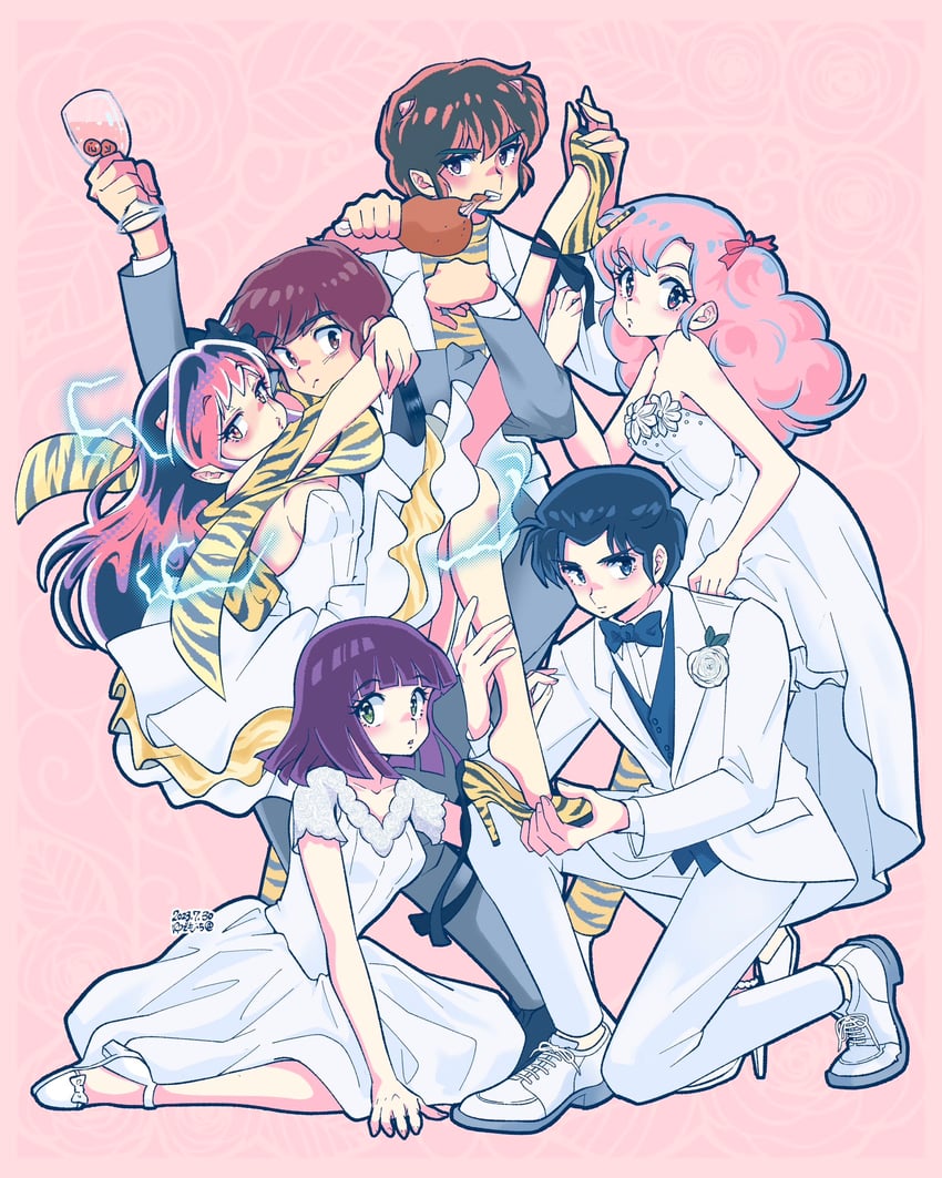 lum, moroboshi ataru, ran, miyake shinobu, mendou shuutarou, and 1 more (urusei yatsura) drawn by yudemotchi