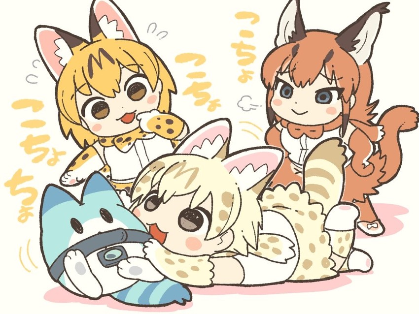 serval, lucky beast, caracal, and white serval (kemono friends) drawn by kuro_shiro_(kuro96siro46)