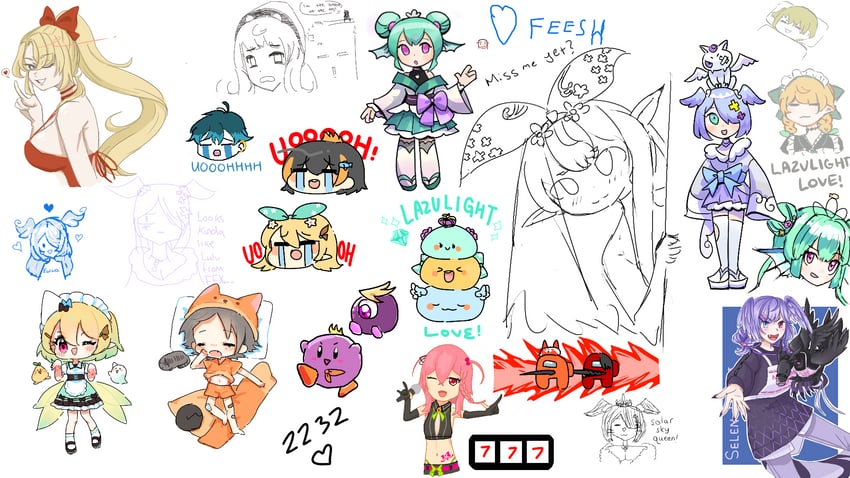 kirby, elira pendora, selen tatsuki, pomu rainpuff, finana ryugu, and 17 more (nijisanji and 4 more) drawn by drawfag