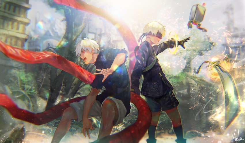 9s, pod, kaneki ken, and hanae natsuki (nier and 2 more) drawn by kyuuba_melo