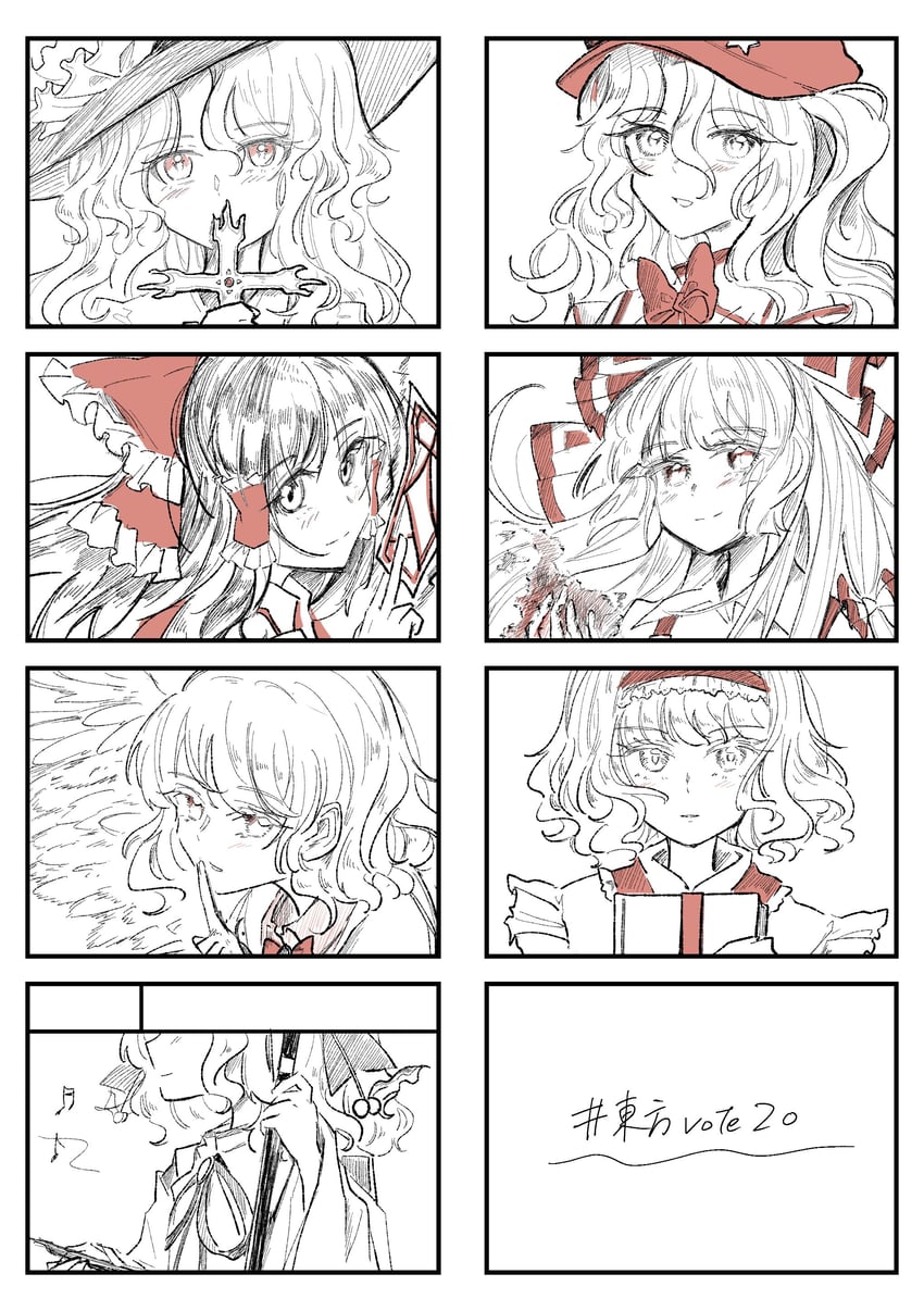 hakurei reimu, alice margatroid, fujiwara no mokou, kishin sagume, jacket girl, and 2 more (touhou) drawn by uzumibi