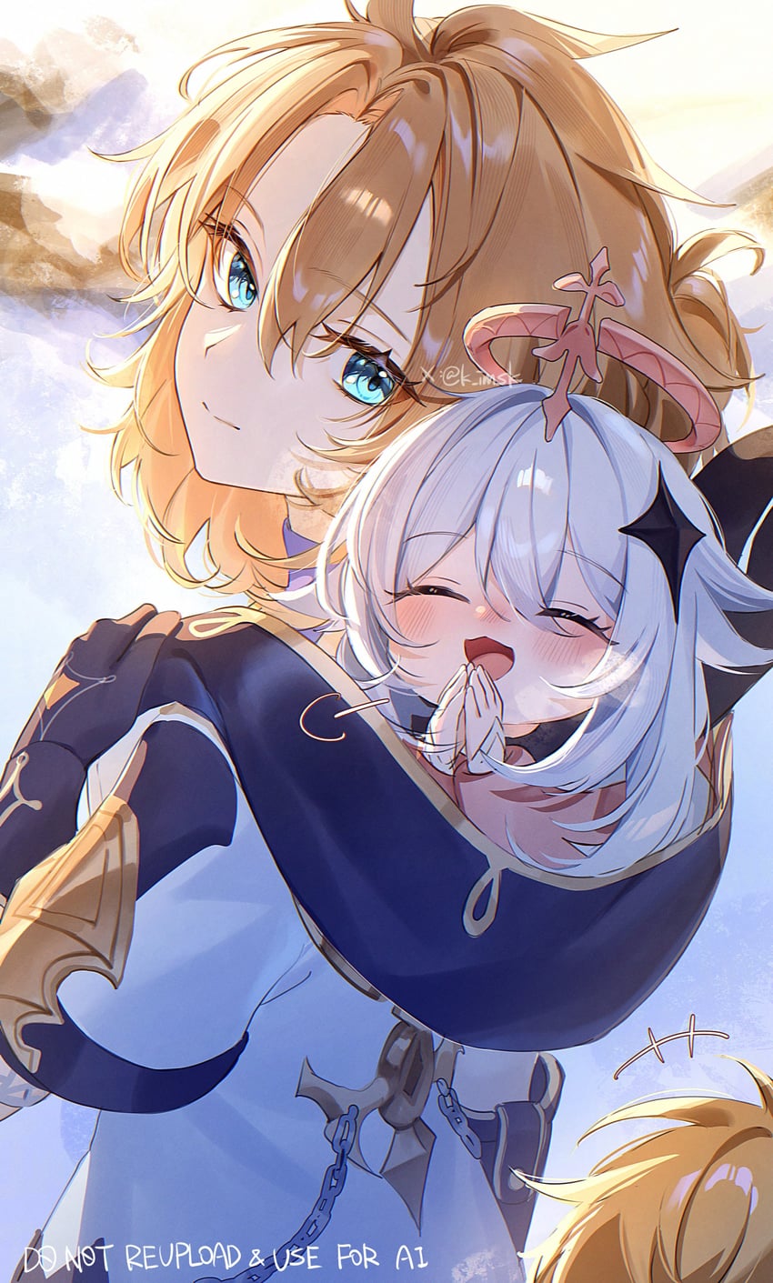 aether, paimon, and albedo (genshin impact) drawn by imasaki_kei