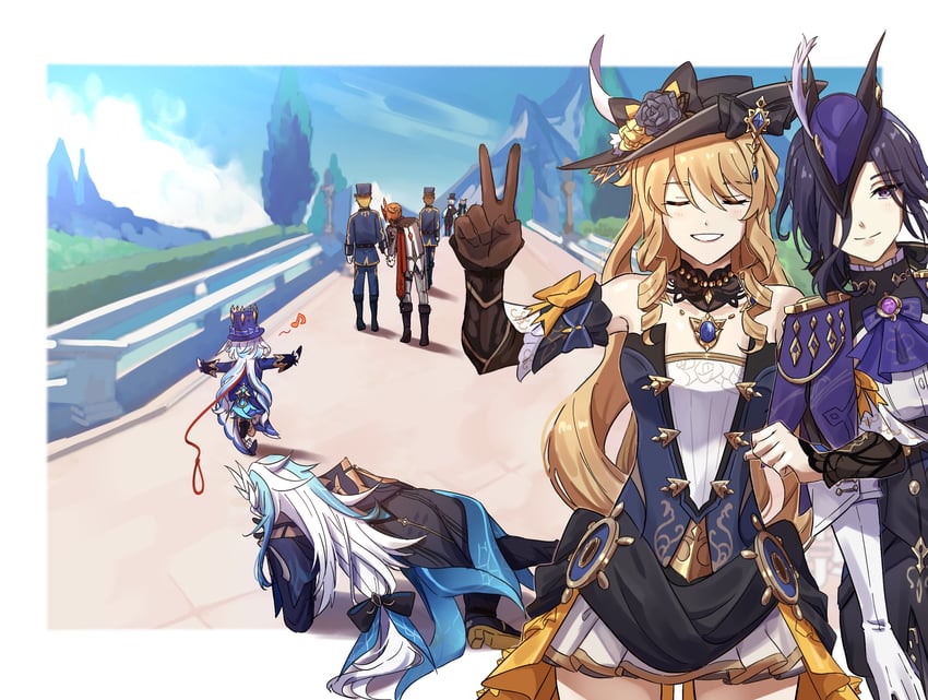 furina, tartaglia, neuvillette, clorinde, navia, and 2 more (genshin impact) drawn by yuka_(pixiv38407039)