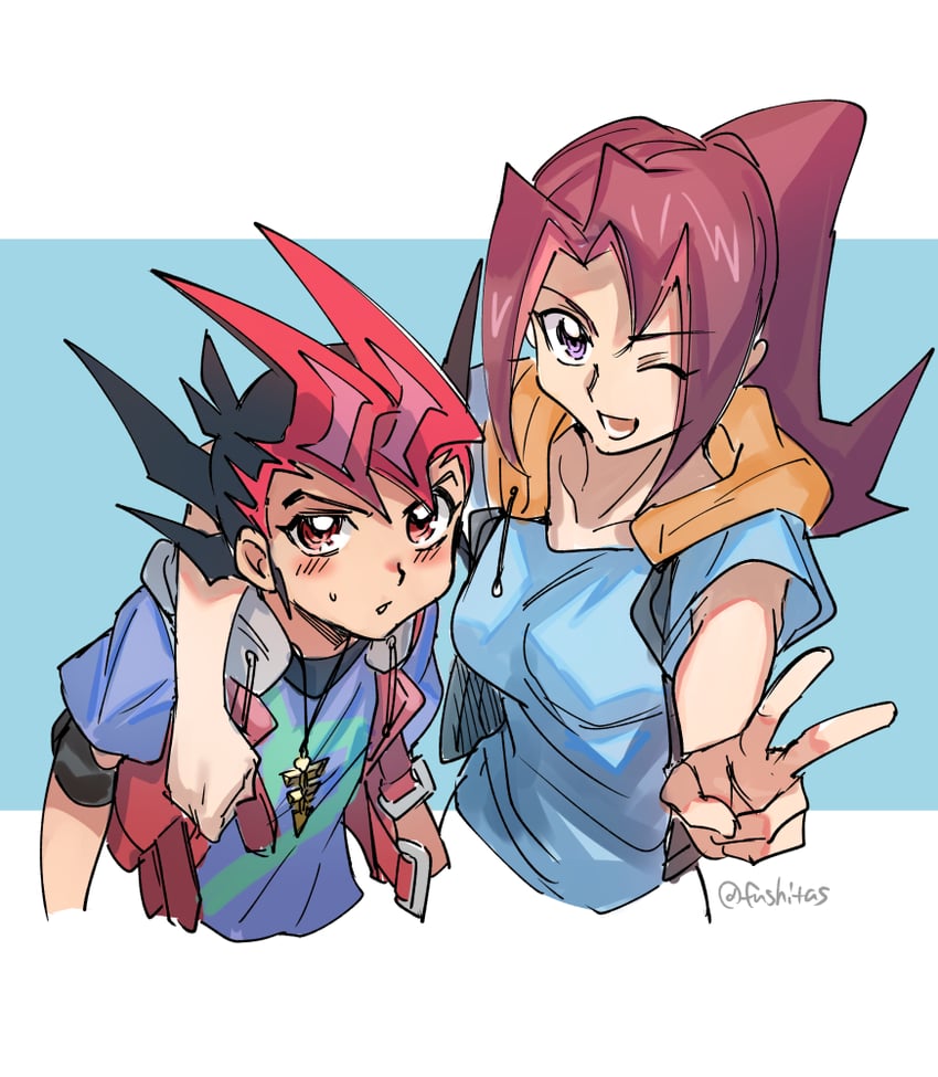 tsukumo yuma and tsukumo akari (yu-gi-oh! and 1 more) drawn by fushitasu