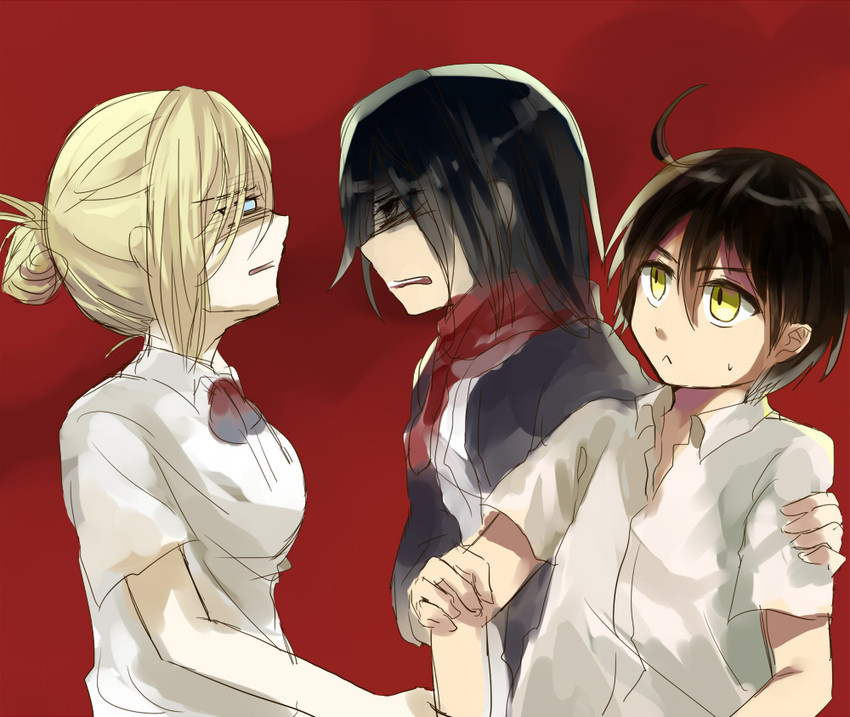 mikasa ackerman, eren yeager, and annie leonhart (shingeki no kyojin) drawn by totte