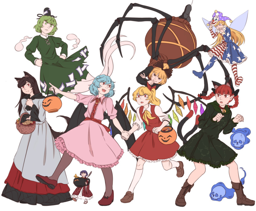 remilia scarlet, flandre scarlet, kaenbyou rin, imaizumi kagerou, soga no tojiko, and 3 more (touhou) drawn by mefomefo