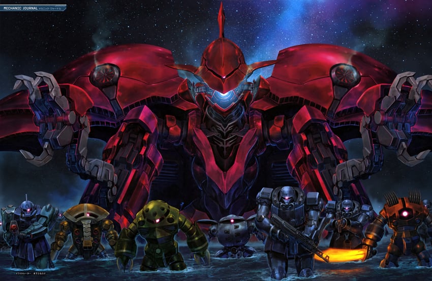 zaku ii, z'gok, juaggu, shamblo, zogok, and 3 more (gundam and 1 more) drawn by kinoshita_tomotake