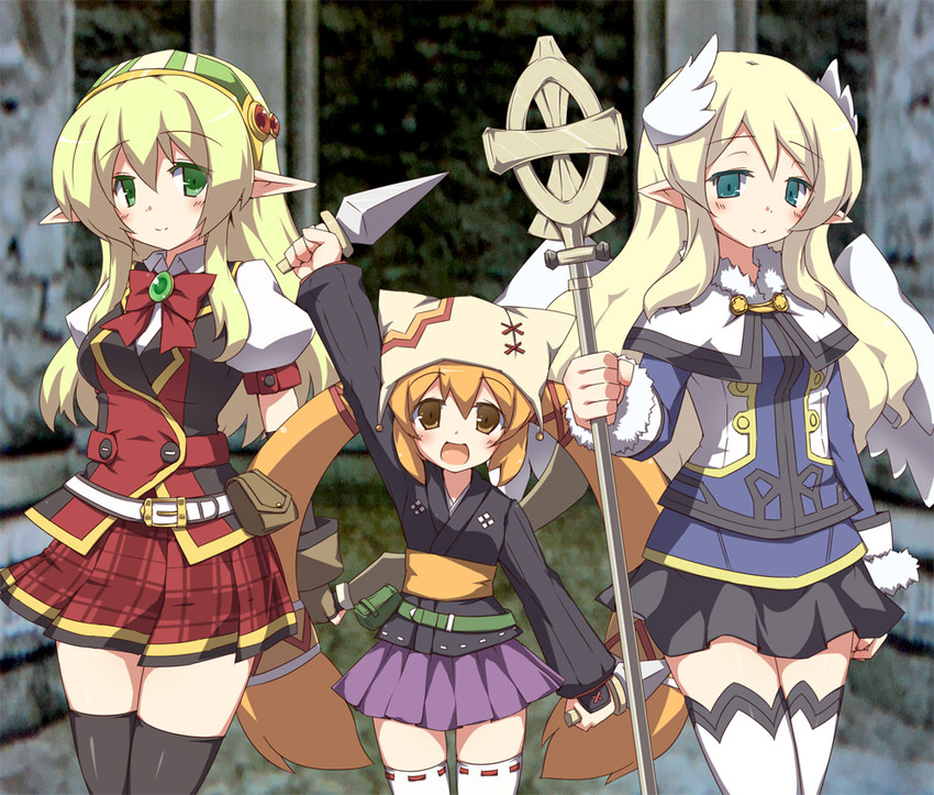 khulaz, celestia, and elf (ken to mahou to gakuen mono) drawn by chikyuujin_a