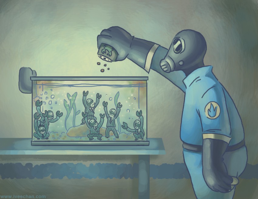 pyro, spy, blu pyro, and blu spy (team fortress 2) drawn by iveechan