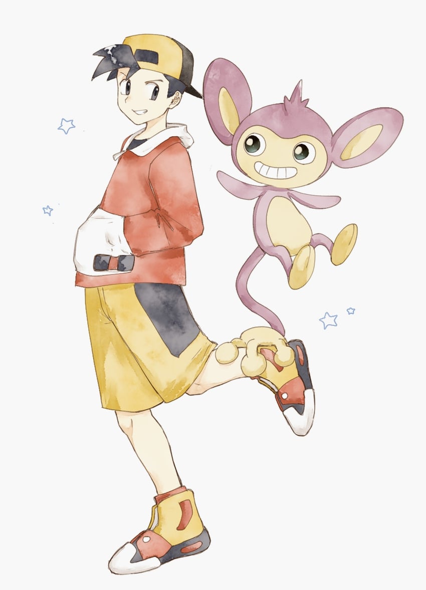 ethan and aipom (pokemon and 1 more) drawn by asuka_rkgk