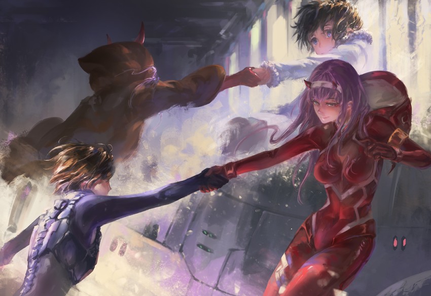 zero two and hiro (darling in the franxx) drawn by song_ren