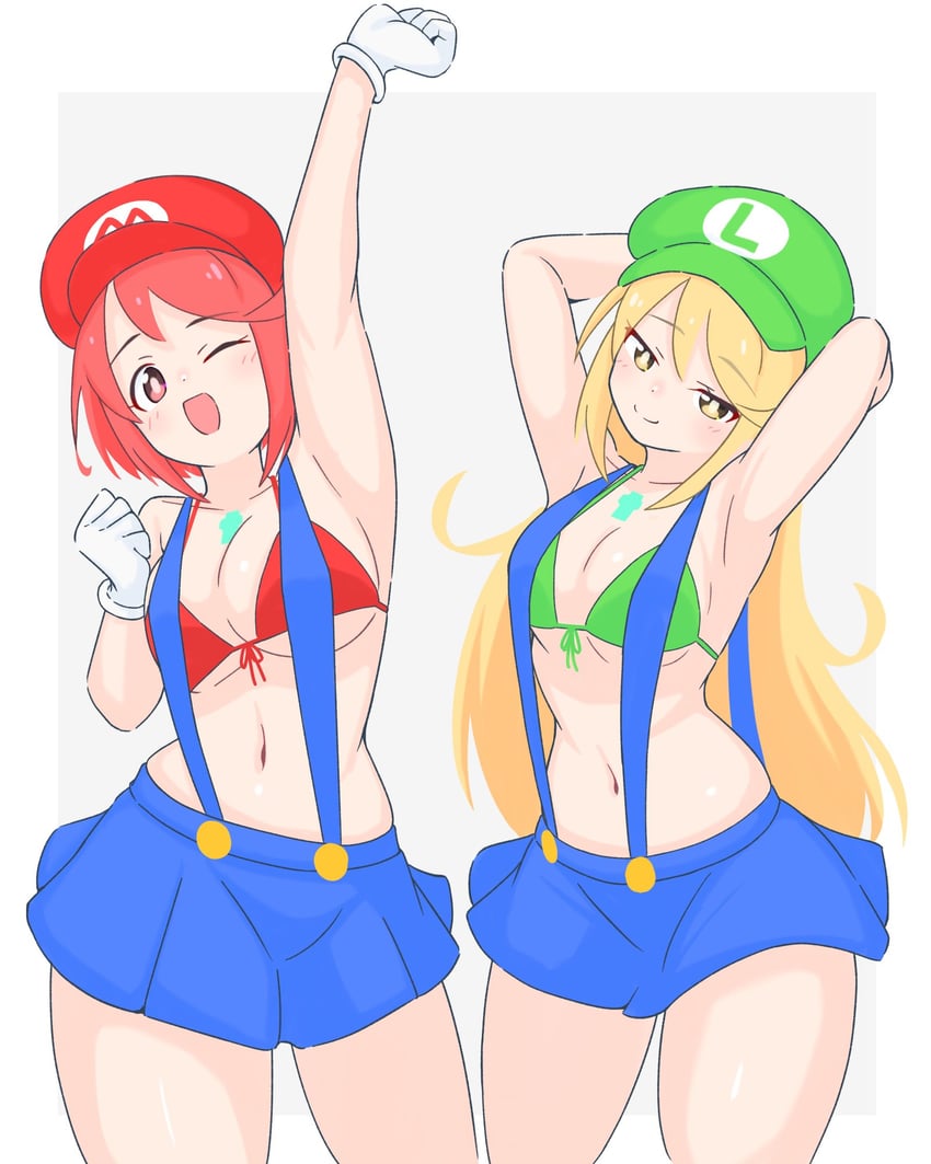 pyra, mythra, mario, and luigi (mario and 2 more) drawn by uncool_mochi