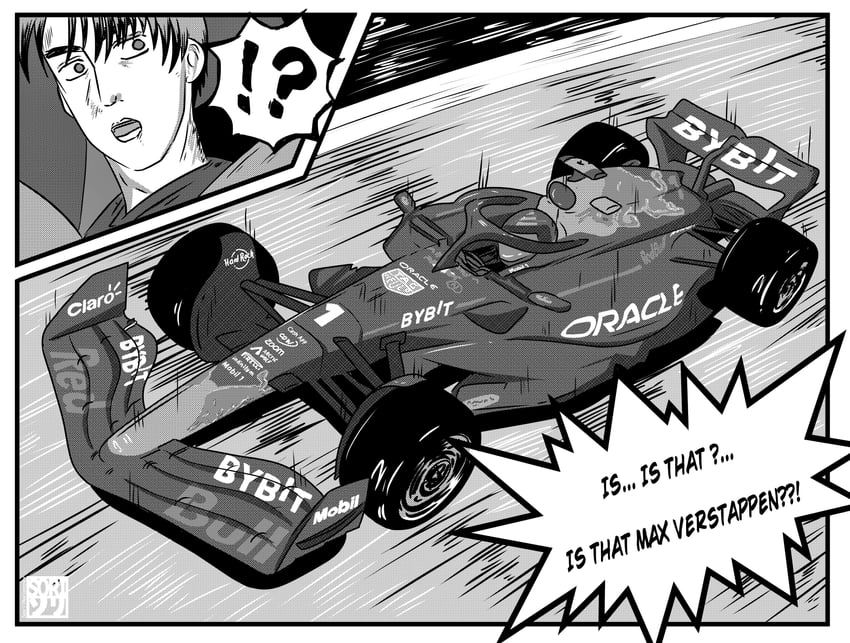 fujiwara takumi and max verstappen (real life and 3 more) drawn by sorithespooky