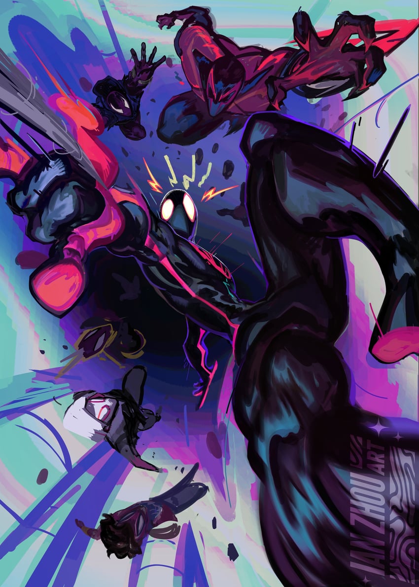 spider-gwen, spider-man, spider-woman, spider-punk, spider-man india, and 2 more (marvel and 3 more) drawn by ianzhouart