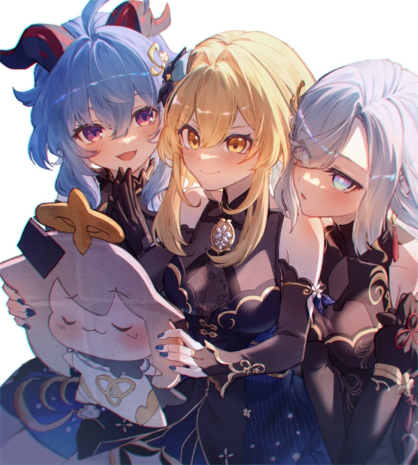 ganyu, lumine, paimon, and shenhe (genshin impact) drawn by hozumi_rino