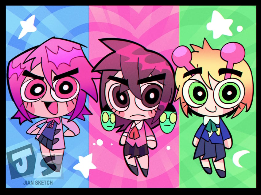 ayase momo, takakura ken, shiratori aira, and vamola (dandadan and 1 more) drawn by jiansketch