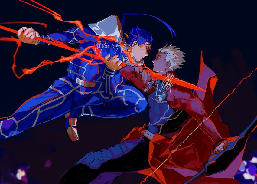 cu chulainn and archer (fate and 3 more) drawn by azisaiharumaki56