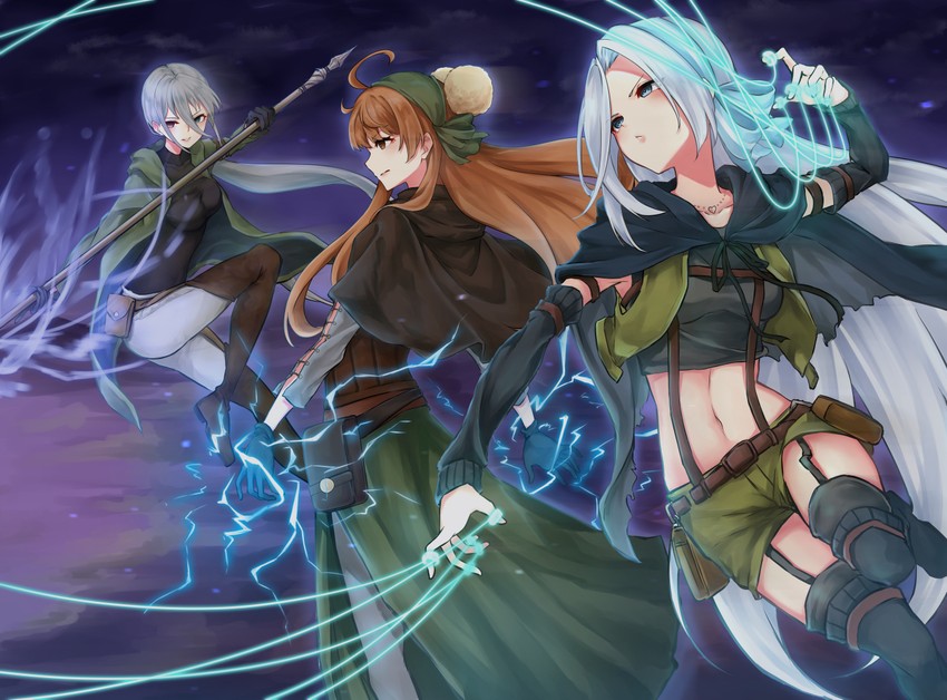 kusunoki arisu, kazeyari mina, and nakazuki sara (grimoire ~shiritsu grimoire mahou gakuen~) drawn by kamidanomi