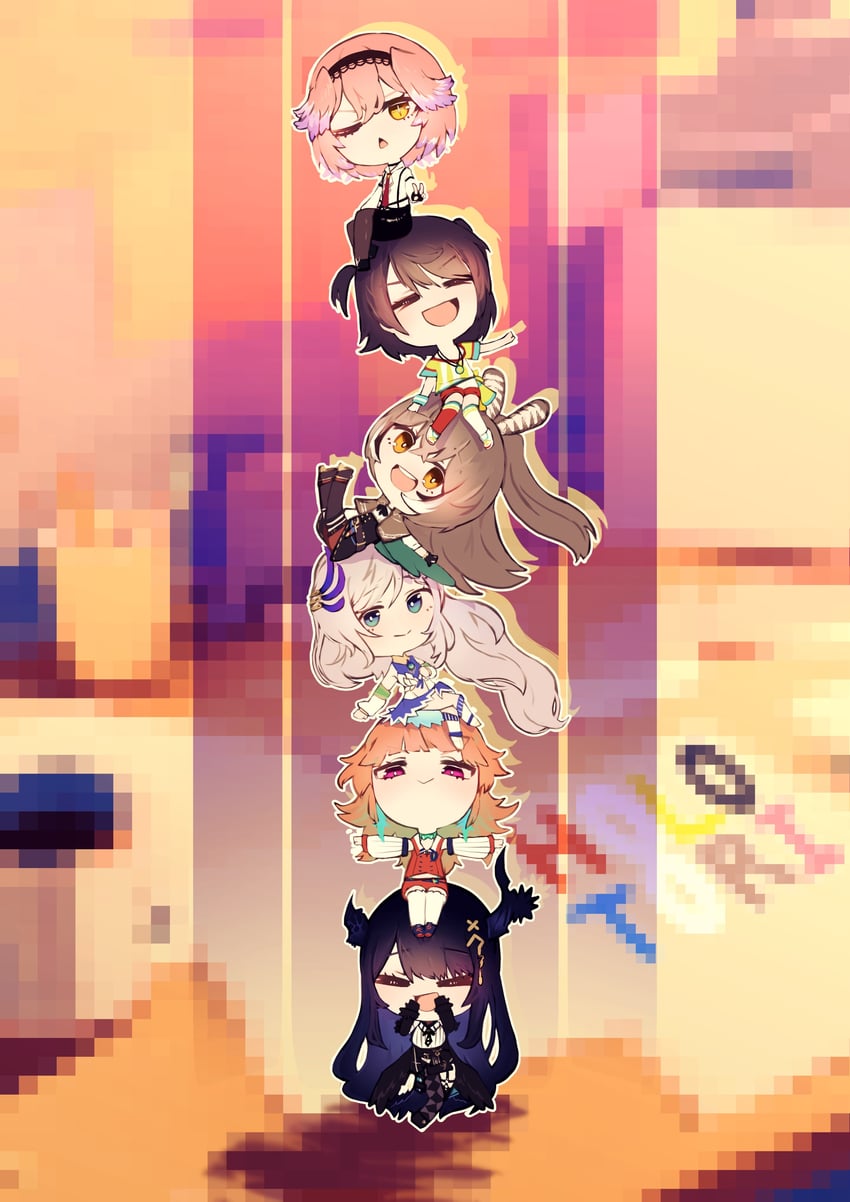 nanashi mumei, takanashi kiara, oozora subaru, nerissa ravencroft, takane lui, and 1 more (hololive and 2 more) drawn by getsurai