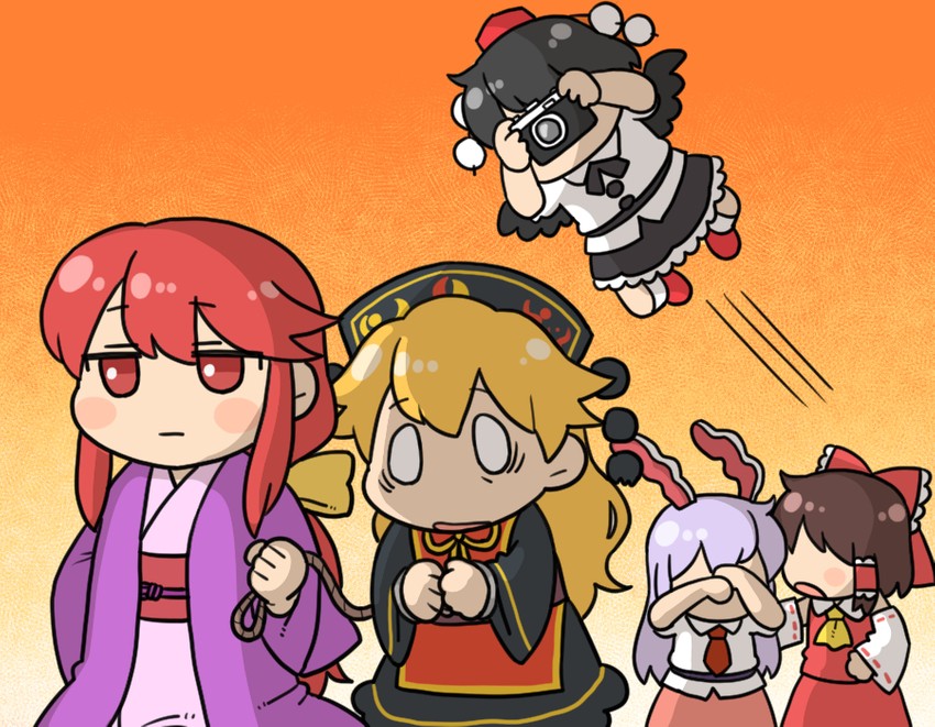hakurei reimu, shameimaru aya, reisen udongein inaba, junko, and kotohime (touhou) drawn by koyama_shigeru