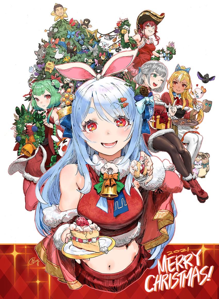 houshou marine, usada pekora, shirogane noel, uruha rushia, shiranui flare, and 28 more (hololive and 2 more) drawn by b.c.n.y.