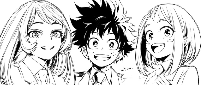 midoriya izuku, uraraka ochaco, and hado nejire (boku no hero academia) drawn by mkm_(mkm_storage)