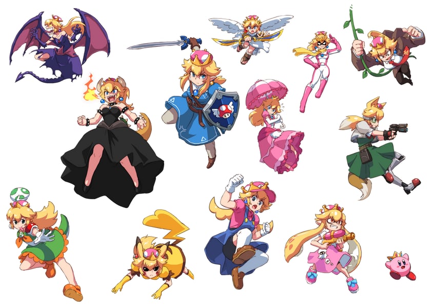 link, inkling player character, pikachu, kirby, princess peach, and 9 more (pokemon and 11 more) drawn by john_su