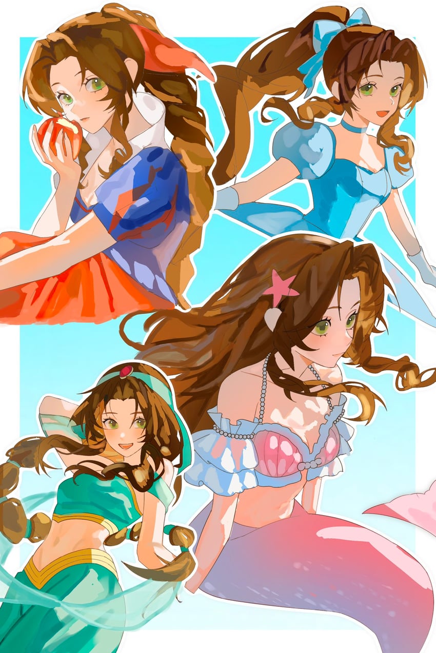 aerith gainsborough, ariel, snow white, jasmine, and cinderella (final fantasy and 5 more) drawn by enju_clerith