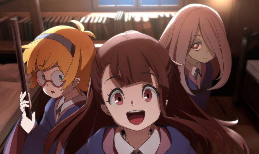 kagari atsuko, sucy manbavaran, and lotte jansson (little witch academia) drawn by ryosios