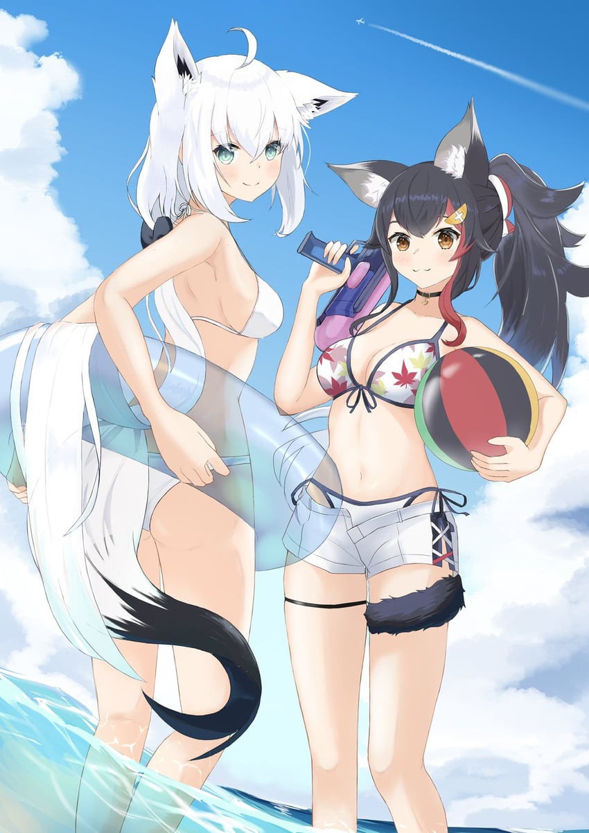 shirakami fubuki and ookami mio (hololive) drawn by hiragi_moka