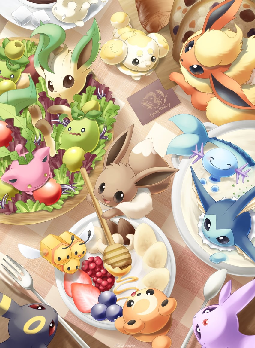 eevee, umbreon, vaporeon, espeon, leafeon, and 9 more (pokemon) drawn by sasabunecafe