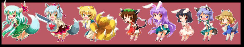 izayoi sakuya, reisen udongein inaba, inubashiri momiji, yakumo ran, moriya suwako, and 4 more (touhou) drawn by michii_yuuki