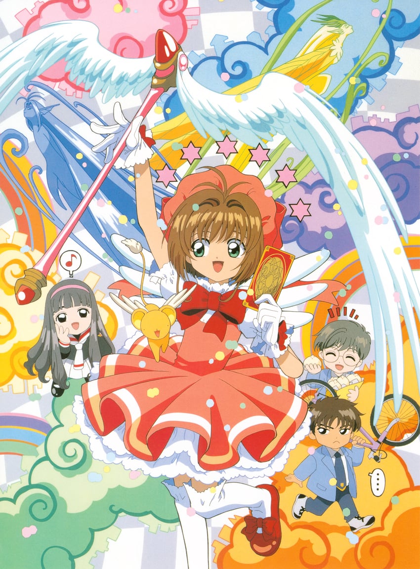 kinomoto sakura, kero, daidouji tomoyo, kinomoto touya, tsukishiro yukito, and 2 more (cardcaptor sakura) drawn by fujita_mariko