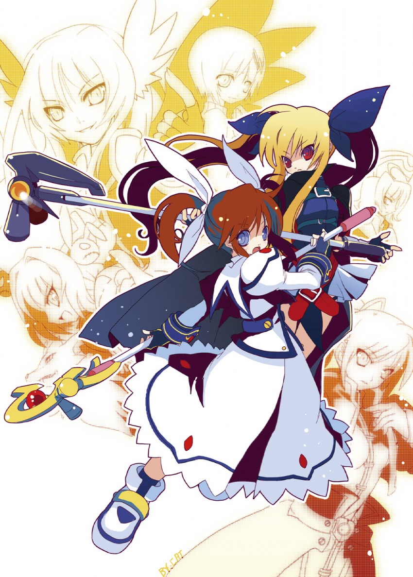 fate testarossa, takamachi nanoha, yagami hayate, raising heart, vita, and 4 more (lyrical nanoha and 2 more) drawn by yano_yoshinori