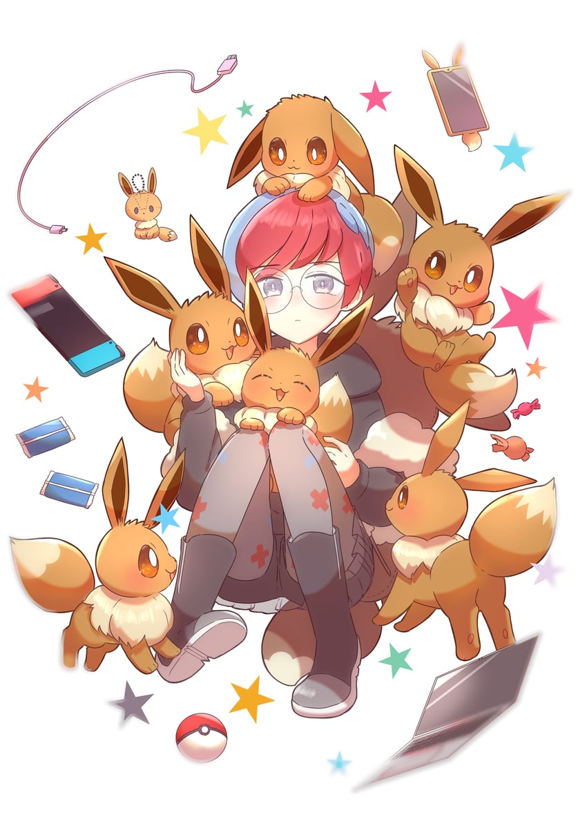 eevee and penny (pokemon and 1 more) drawn by harapeko_(syokuyokuousei)