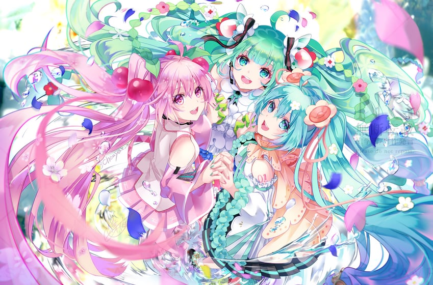 hatsune miku, sakura miku, and magical mirai miku (vocaloid and 2 more) drawn by tyouya