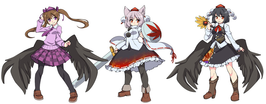 shameimaru aya, inubashiri momiji, and himekaidou hatate (touhou) drawn by umigarasu_(kitsune1963)