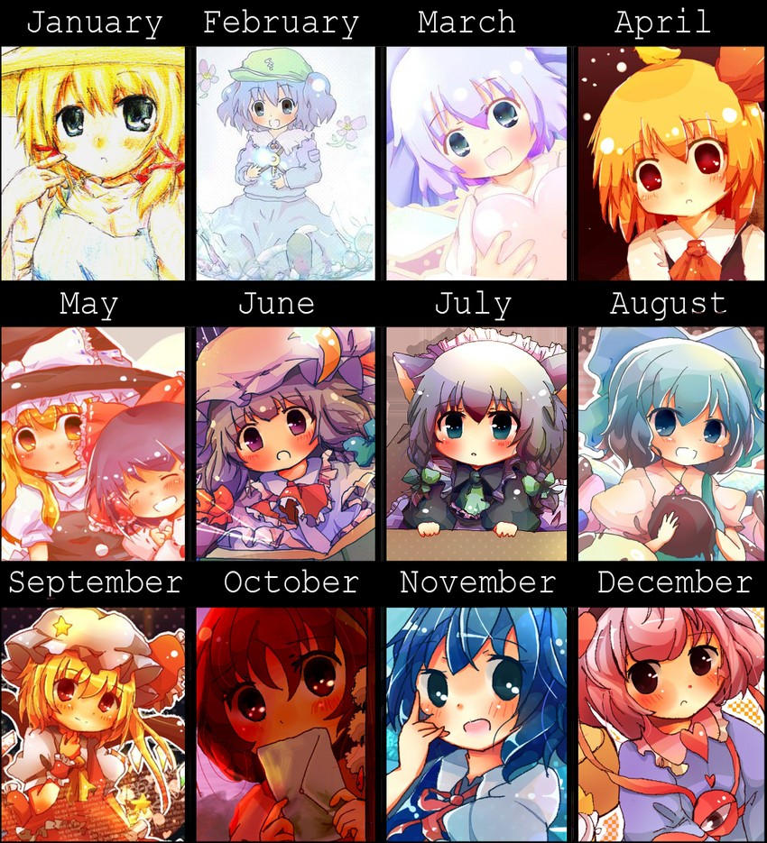 hakurei reimu, kirisame marisa, flandre scarlet, izayoi sakuya, cirno, and 7 more (touhou) drawn by nanahamu