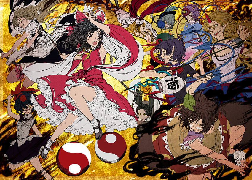 hakurei reimu, kirisame marisa, komeiji koishi, yakumo yukari, shameimaru aya, and 5 more (touhou) drawn by egawa_satsuki