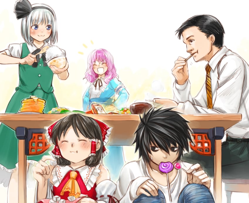 hakurei reimu, konpaku youmu, saigyouji yuyuko, l, inogashira gorou, and 1 more (touhou and 5 more) drawn by iwasumi_tatsuhiko